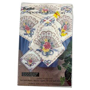 Bucilla SE Stamped Cross Stitch Quilt Blocks (6) 15" X 15" Victorian Fan 64515